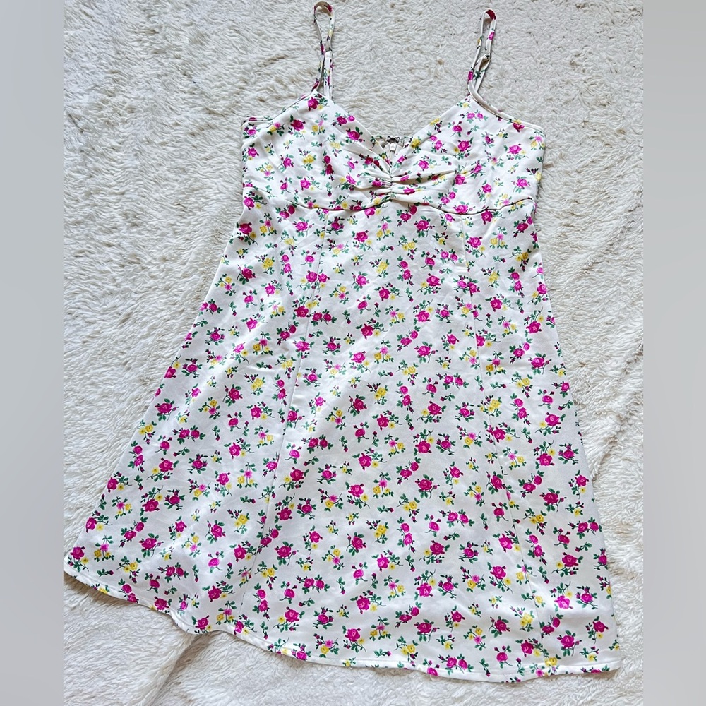 Cream Satin Mini Dress with Florals